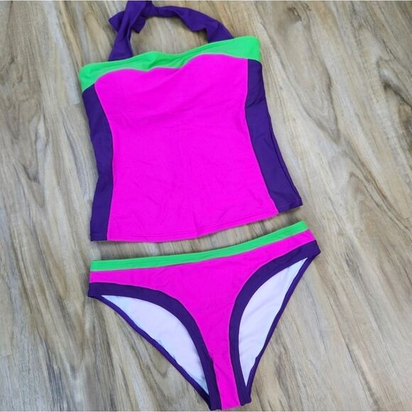 ⏭️NWOT Hot Pink, Neon Green, & Purple Colorblock Tankini Bathing Suit Medium - Picture 3 of 14